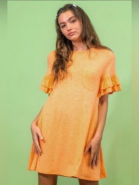 Orange Ruffle Sleeve Mini Dress - Women